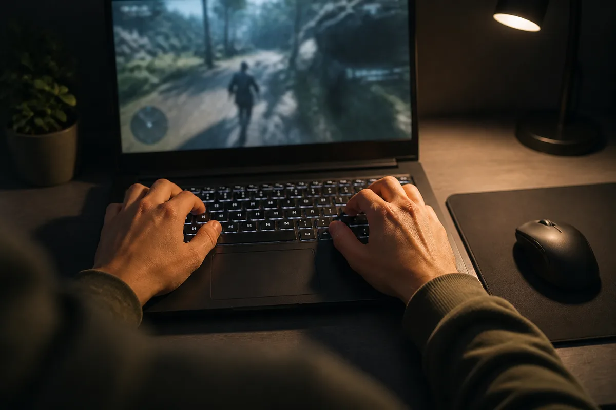 Un ordinateur portable ouvert affichant un jeu, posé sur un bureau en bois