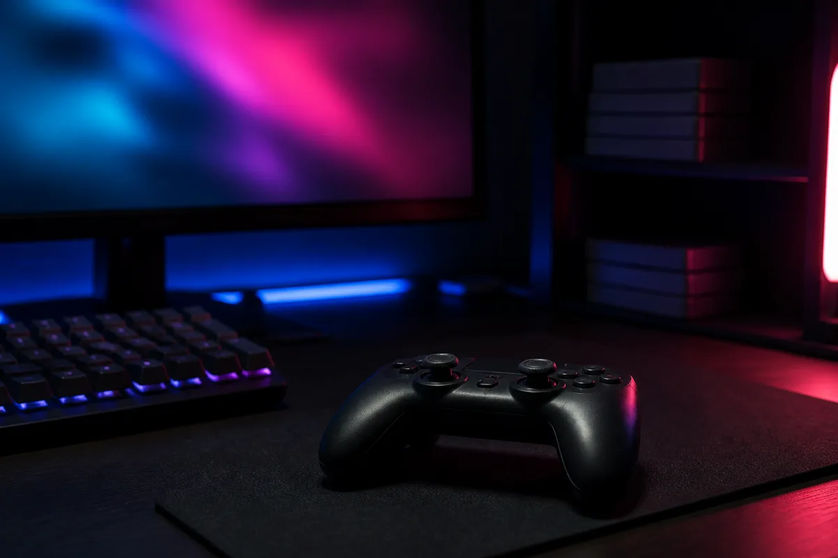 Une manette posée sur un bureau devant un écran allumé dans une pièce sombre