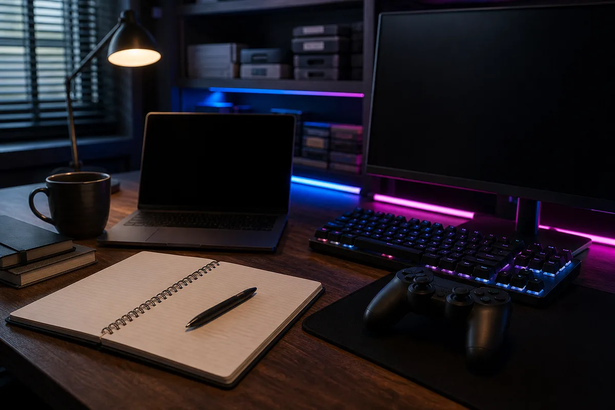 Un bureau de rédaction avec des carnets, un ordinateur et un café