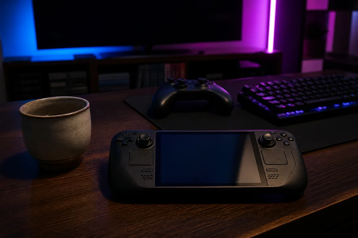 Une console portable posée sur une table basse à côté d&rsquo;une tasse