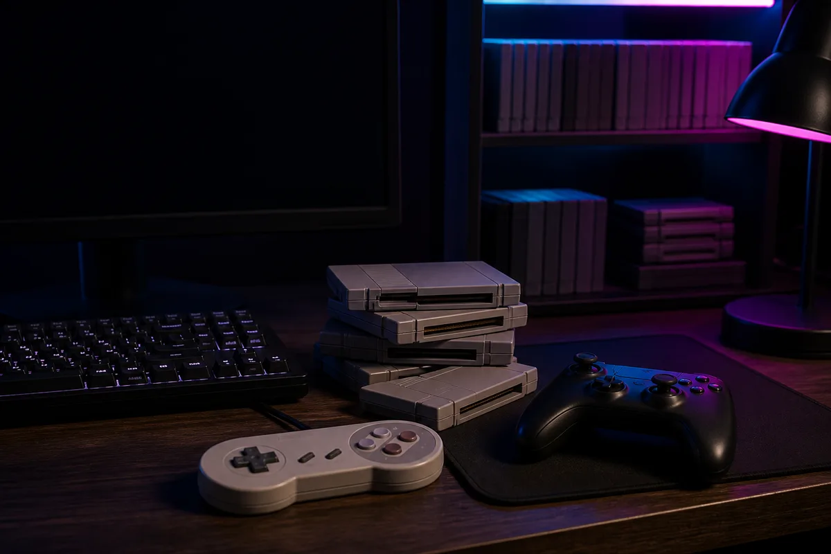 Des cartouches de jeu empilées à côté d&rsquo;une manette ancienne