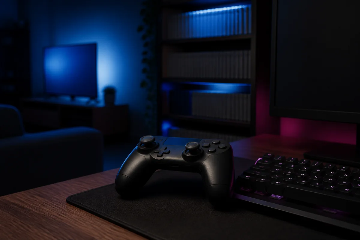 Un salon éclairé par la lumière bleutée d’un téléviseur allumé le soir